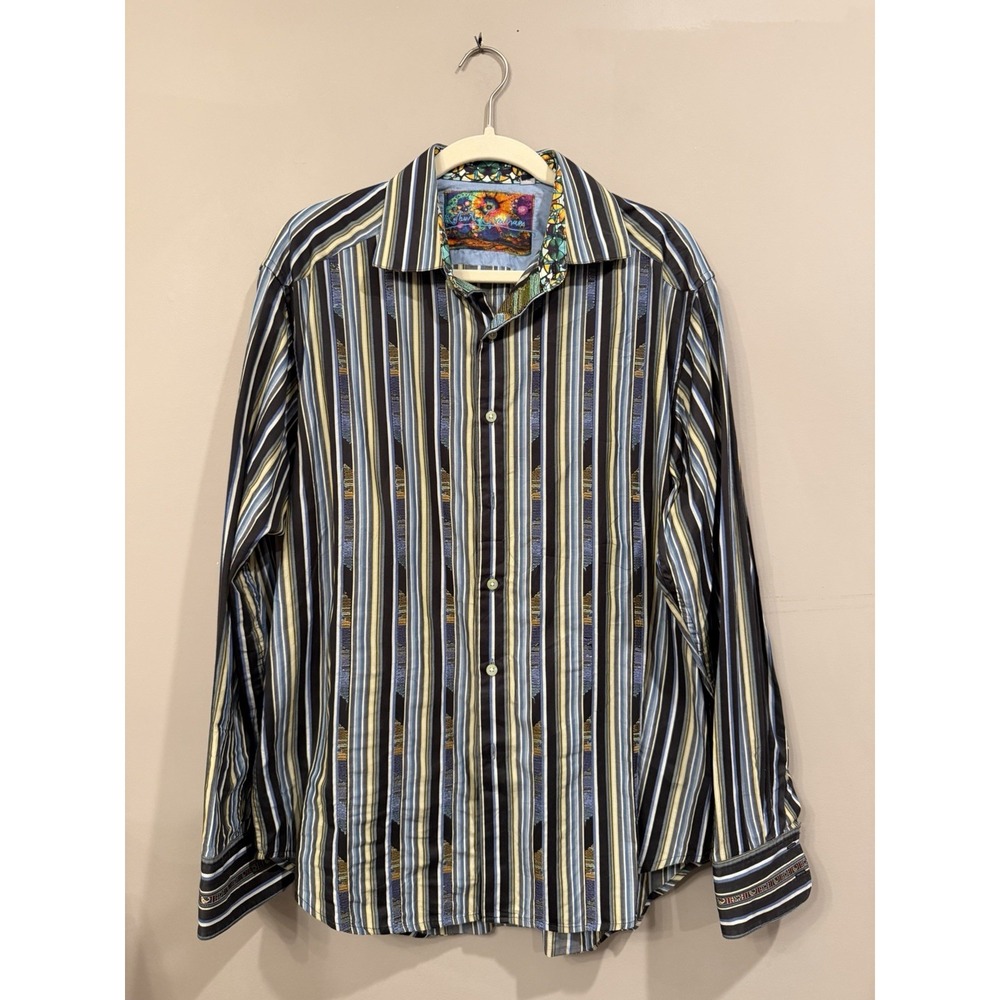 RobertGraham Striped Blue Yellow Black Shirt L Button Up Embroidered Accent
